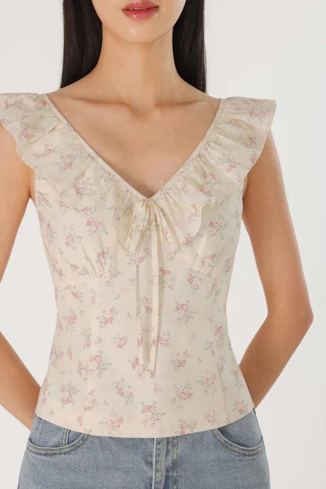 HADIYA PADDED RUFFLE V-NECK RIBBON TOP (FLORAL)