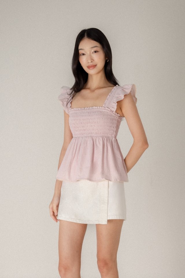 ANNIE PADDED FLARE RUFFLE TRIM SHIRRED BABYDOLL TOP (LAVENDER PINK)