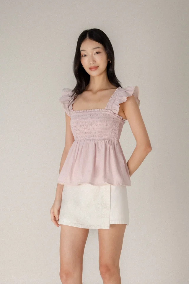 ANNIE PADDED FLARE RUFFLE TRIM SHIRRED BABYDOLL TOP (LAVENDER PINK)