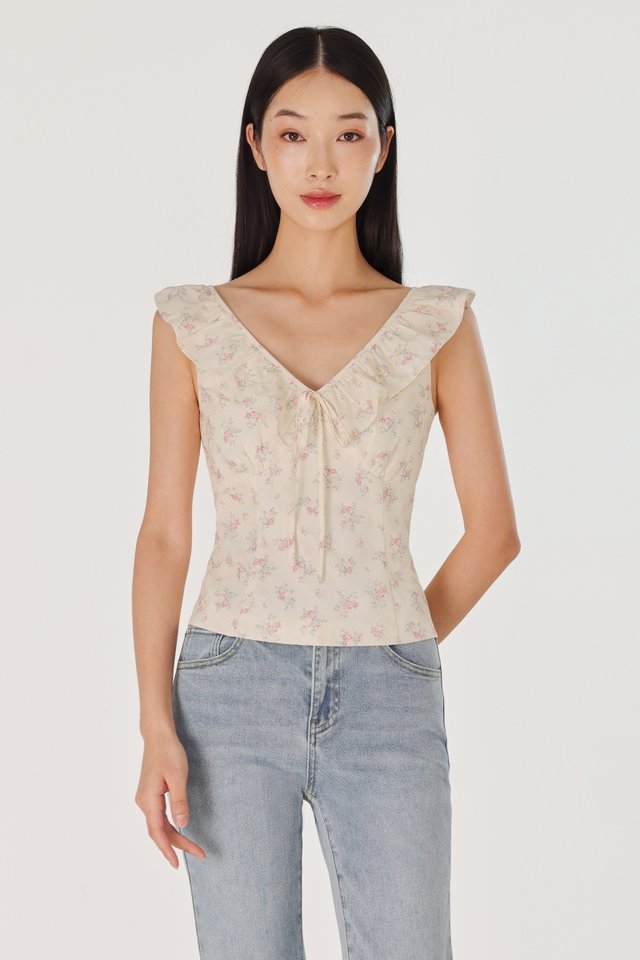 HADIYA PADDED RUFFLE V-NECK RIBBON TOP (FLORAL)