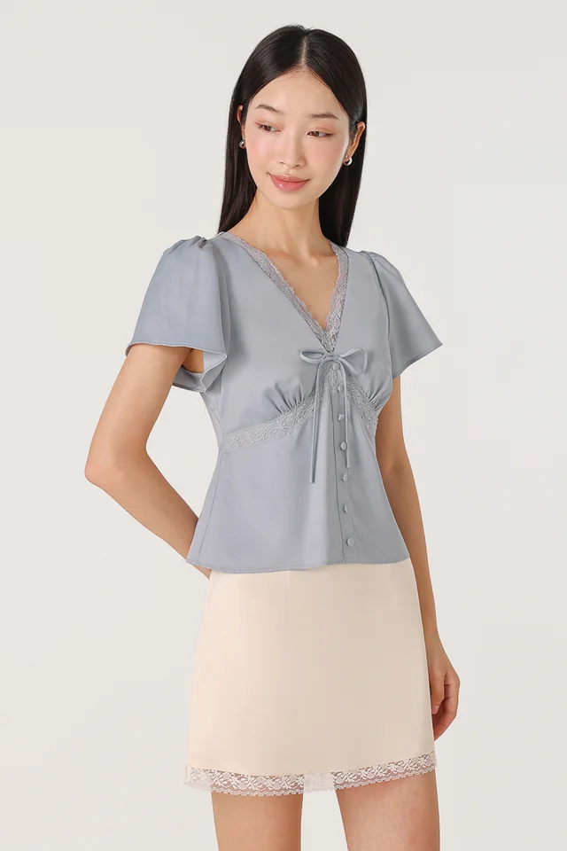 AZARIA SATIN LACE TRIM FLUTTER SLEEVE TOP (BLUE)