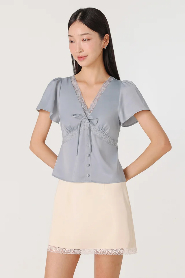 AZARIA SATIN LACE TRIM FLUTTER SLEEVE TOP (BLUE)