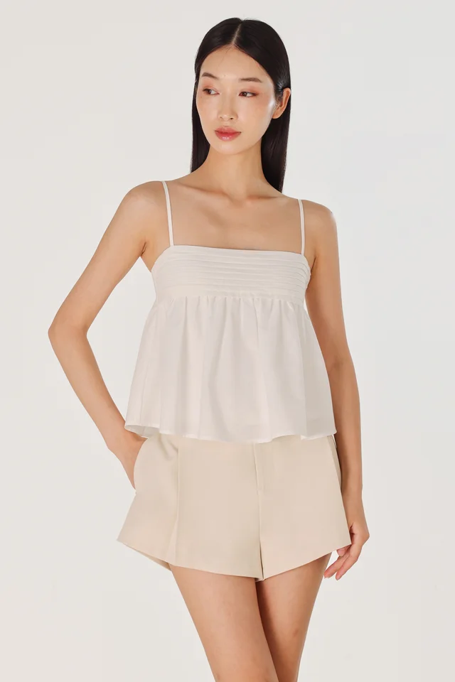 VELINA PADDED PINTUCK BABYDOLL FLARE TOP (WHITE)