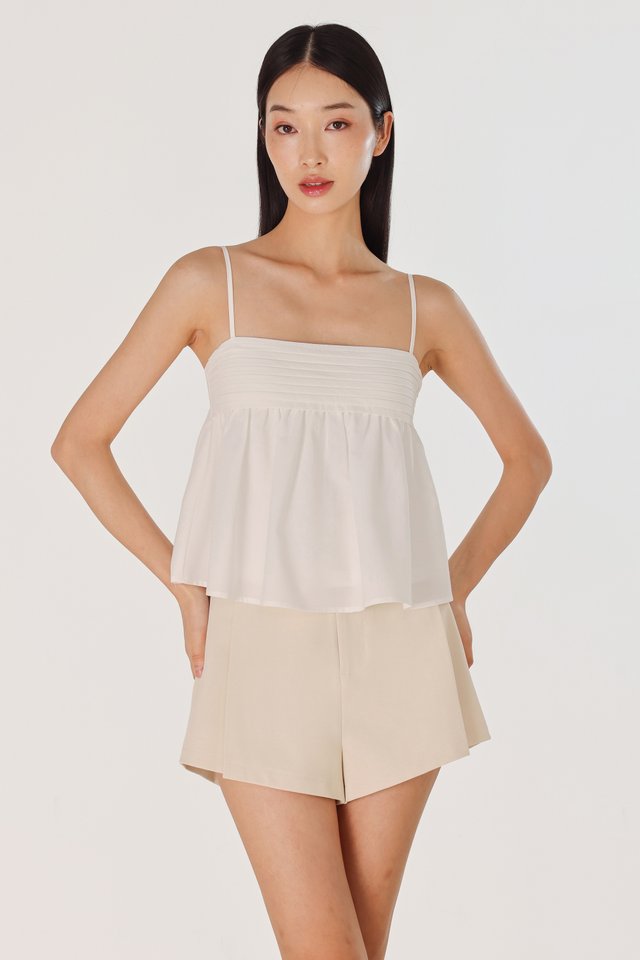 VELINA PADDED PINTUCK BABYDOLL FLARE TOP (WHITE)