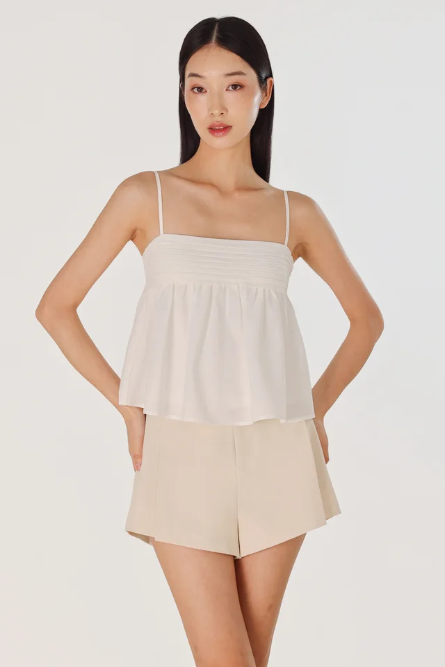 VELINA PADDED PINTUCK BABYDOLL FLARE TOP (WHITE)