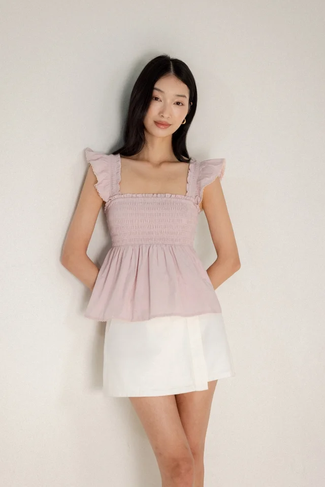 ANNIE PADDED FLARE RUFFLE TRIM SHIRRED BABYDOLL TOP (LAVENDER PINK)
