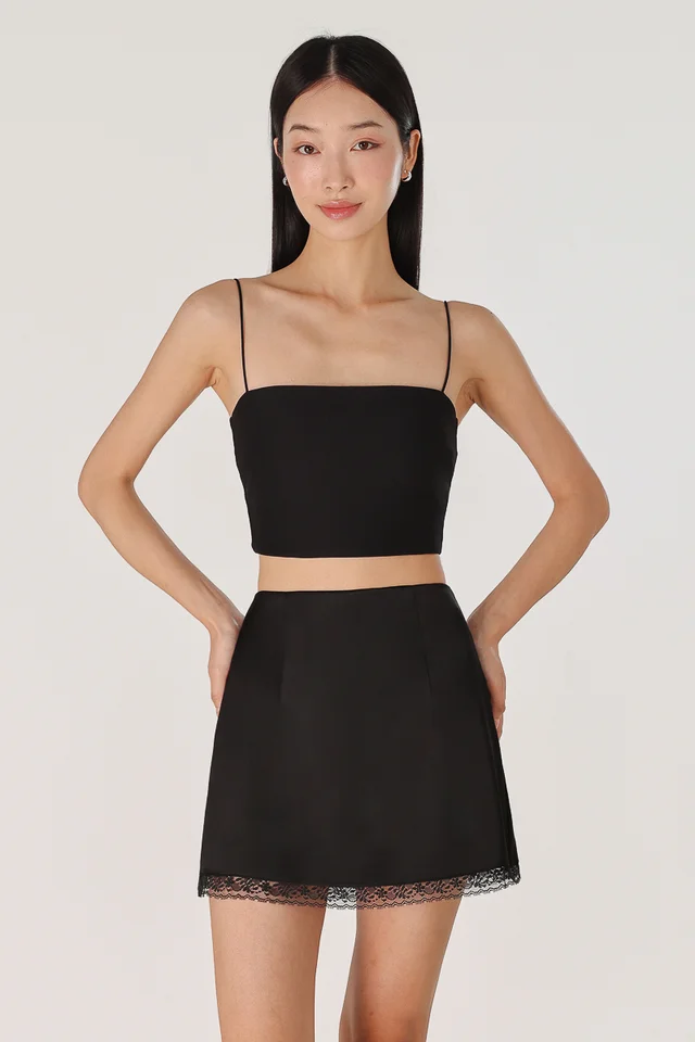 AZARIA SATIN LACE HEM SKORTS (BLACK)