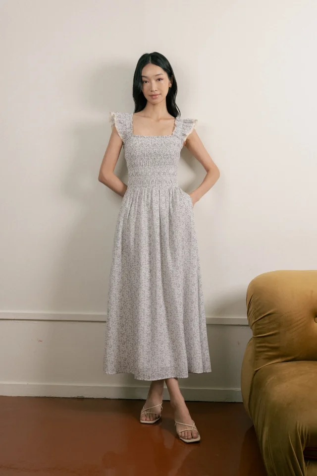 AMELINE PADDED FLORAL RUFFLE FLARE SLEEVE RUCHED MAXI DRESS