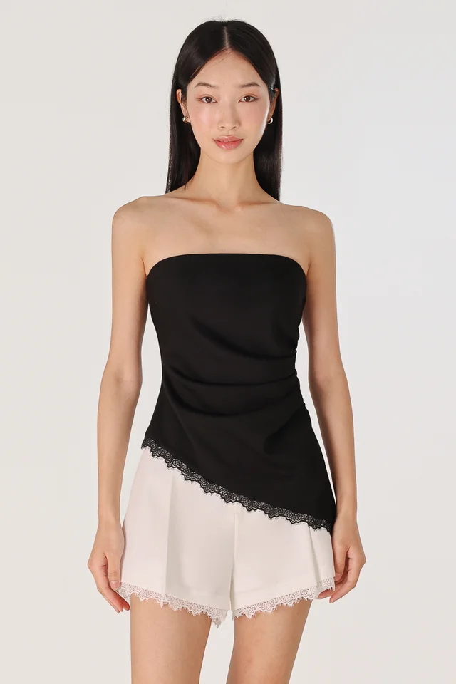 CHARLYN PADDED RUCHED LACE ASYMMETRICAL HEM TUBE TOP (BLACK)