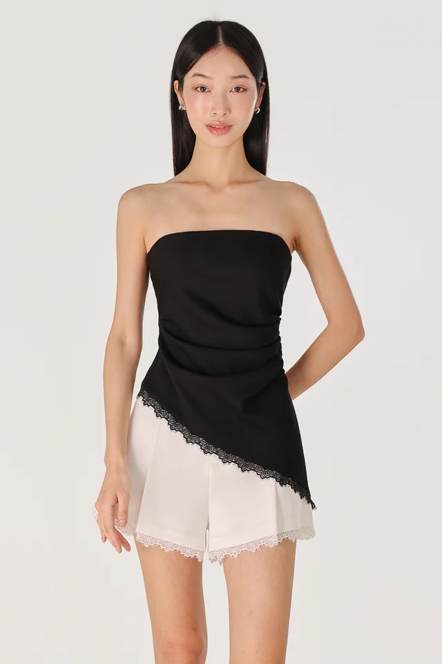 CHARLYN PADDED RUCHED LACE ASYMMETRICAL HEM TUBE TOP (BLACK)