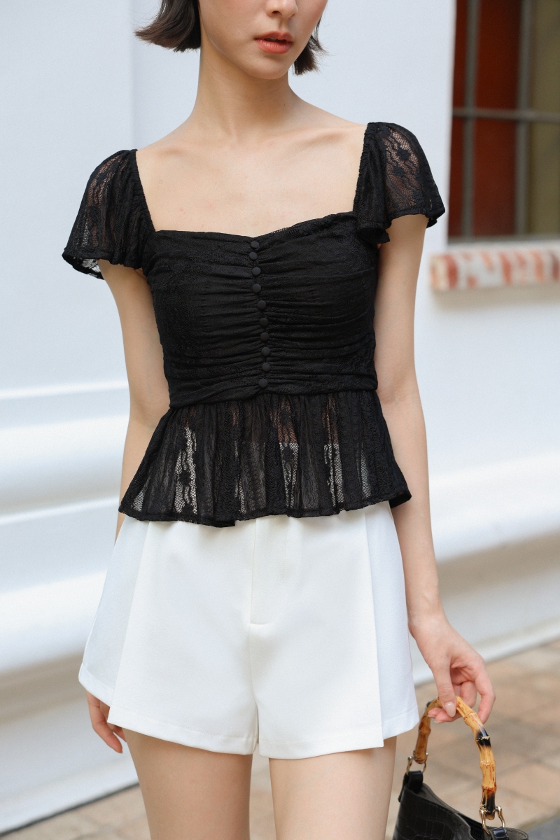 ALISSA PADDED LACE JACQUARD SWEETHEART RUCHED BUTTON TOP (BLACK