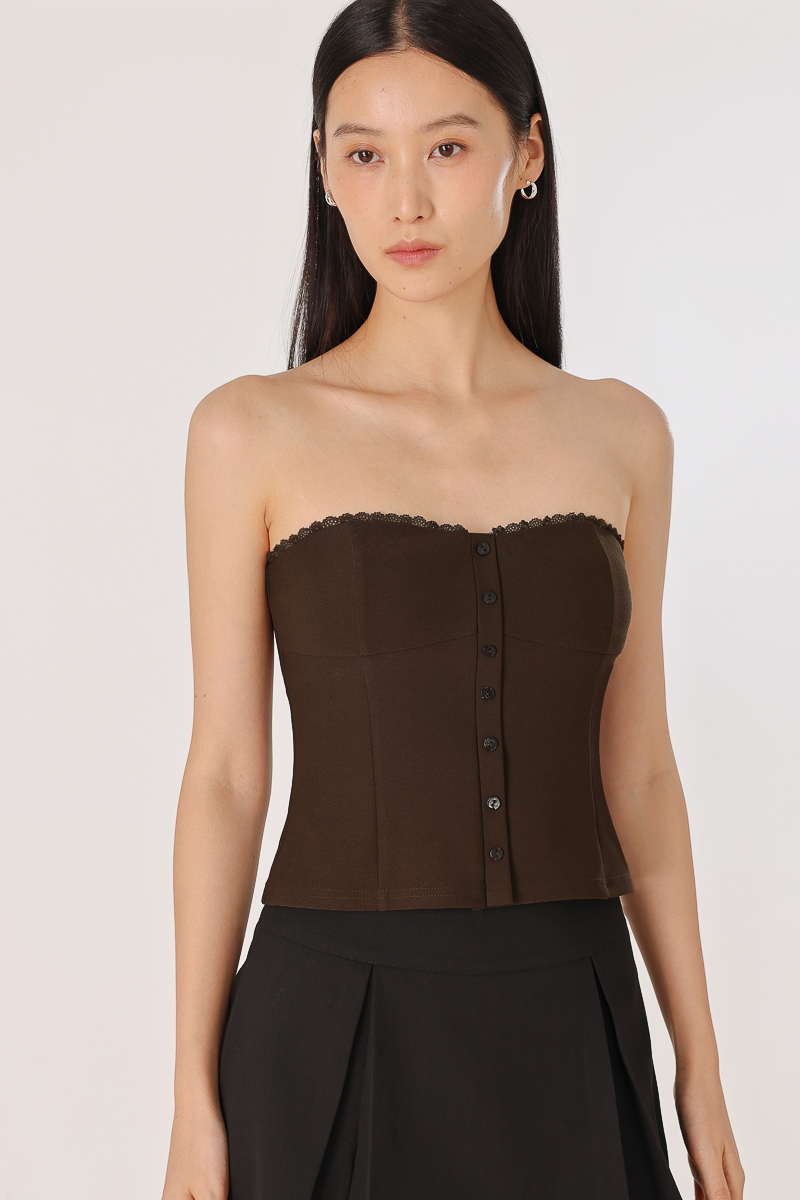 MAELYS PADDED LACE TRIM BUTTON BUSTIER TWO-WAY TOP (ESPRESSO) | Lovet