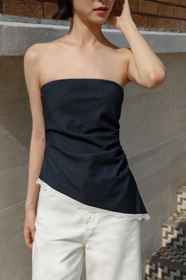 CHARLYN PADDED RUCHED LACE ASYMMETRICAL HEM TUBE TOP (BLUE DENIM)