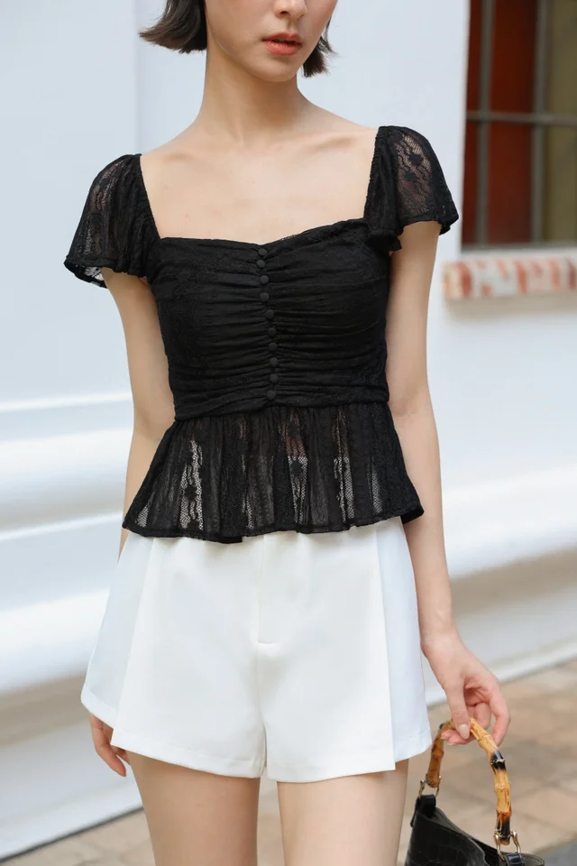 ALISSA PADDED LACE JACQUARD SWEETHEART RUCHED BUTTON TOP (BLACK)