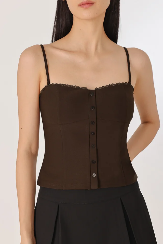 MAELYS PADDED LACE TRIM BUTTON BUSTIER TWO-WAY TOP (ESPRESSO)