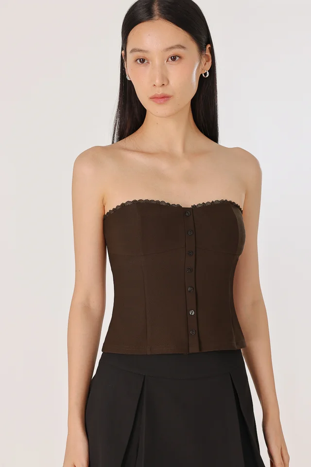 MAELYS PADDED LACE TRIM BUTTON BUSTIER TWO-WAY TOP (ESPRESSO)