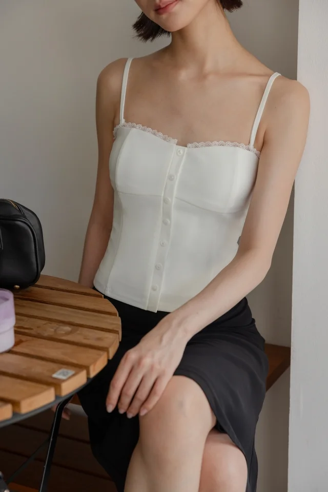 MAELYS PADDED LACE TRIM BUTTON BUSTIER TWO-WAY TOP (WHITE)