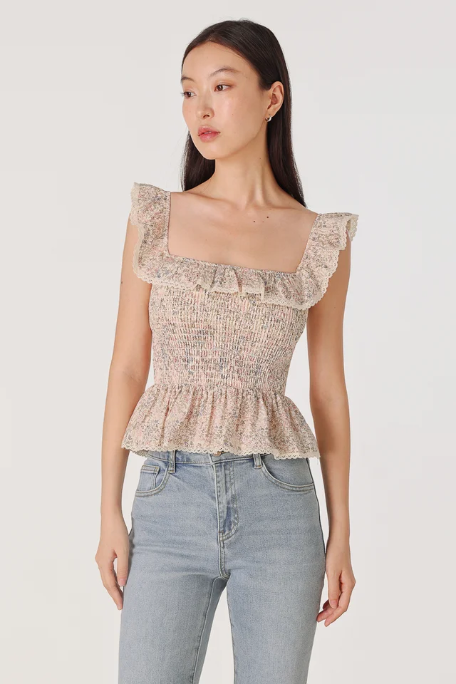 AVIANA PADDED FLORAL LACE TRIM SMOCKED RUFFLE TOP