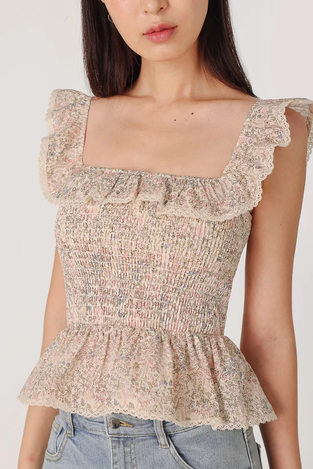 AVIANA PADDED FLORAL LACE TRIM SMOCKED RUFFLE TOP