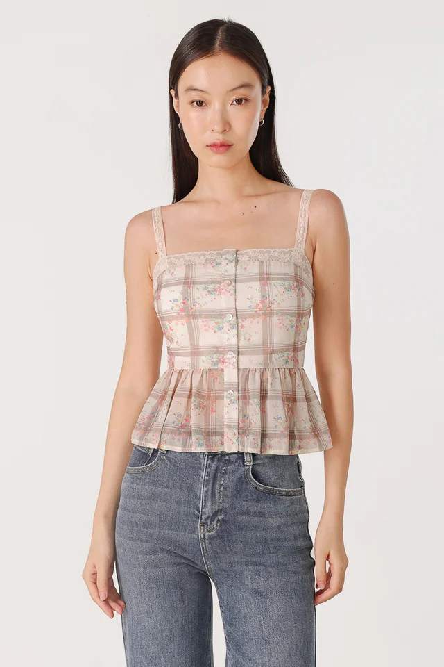 LIZY PADDED FLORAL LACE TRIM BUTTON TOP
