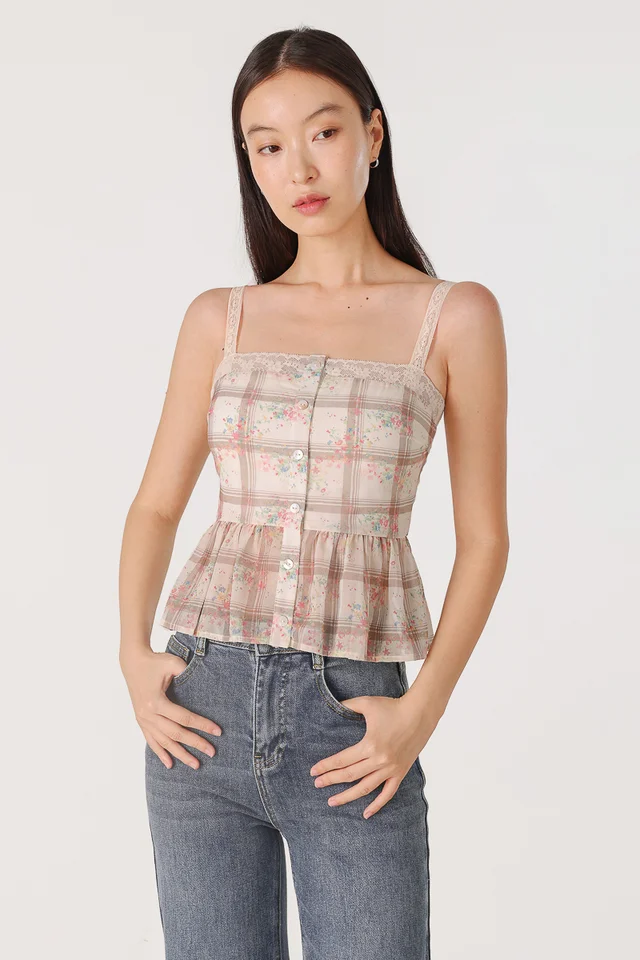 LIZY PADDED FLORAL LACE TRIM BUTTON TOP