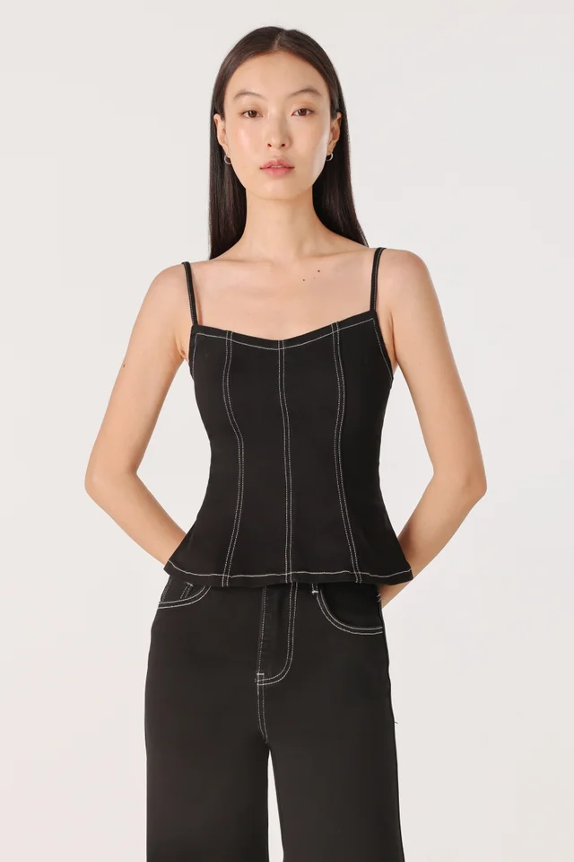 ENDZONE CONTRAST STITCH PANELLED V-NECK DENIM TOP (BLACK)