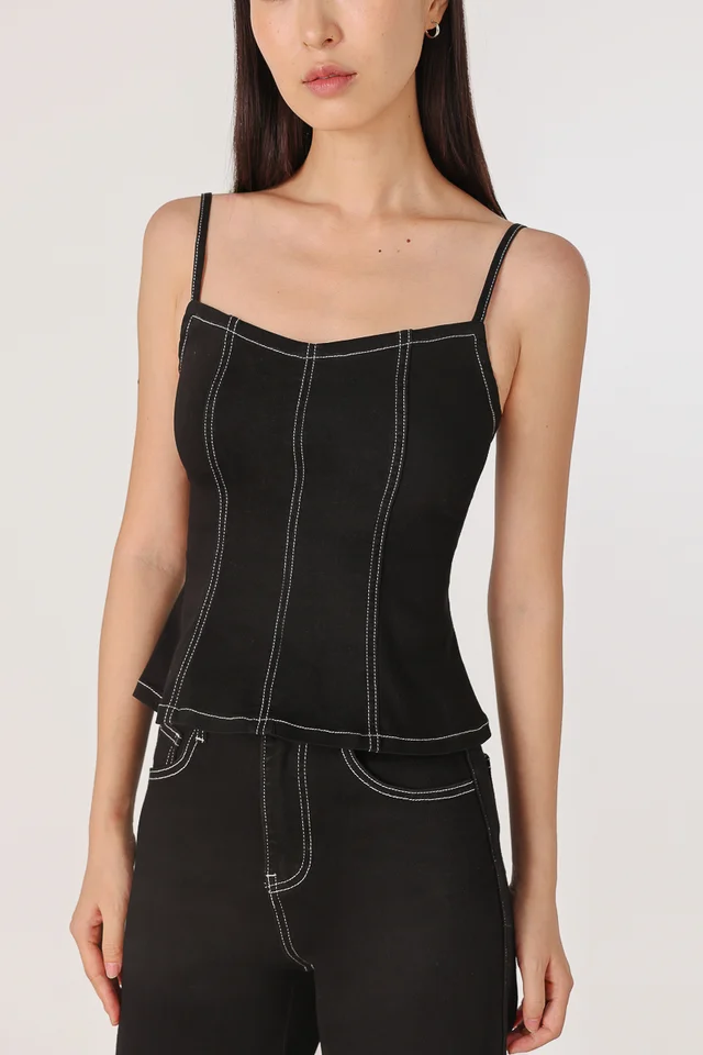 ENDZONE CONTRAST STITCH PANELLED V-NECK DENIM TOP (BLACK)