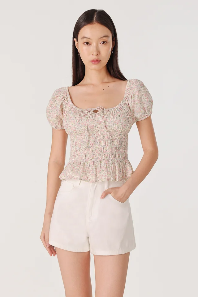 DANEY PADDED SMOCKED WAIST RIBBON PUFF SLEEVE TOP