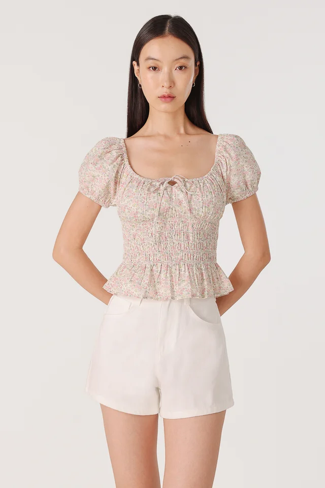 DANEY PADDED SMOCKED WAIST RIBBON PUFF SLEEVE TOP
