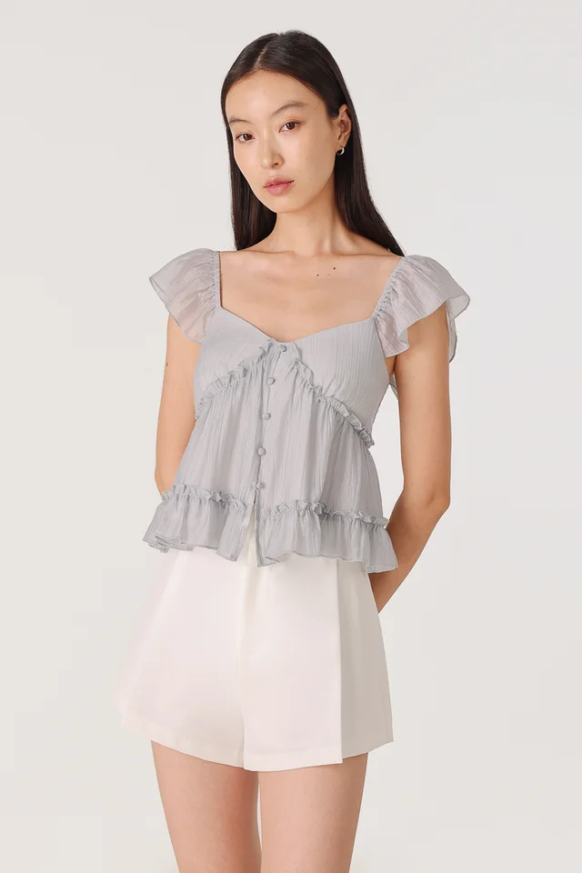 CANDACE PADDED FLUTTER SLEEVE RUFFLE BABYDOLL TOP (DOVE GREY)