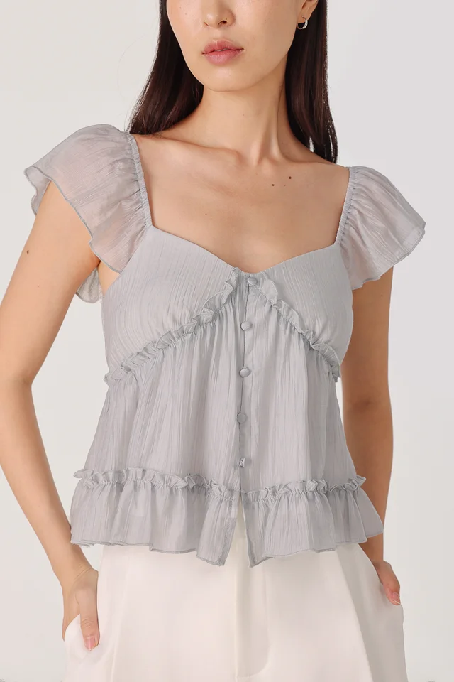 CANDACE PADDED FLUTTER SLEEVE RUFFLE BABYDOLL TOP (DOVE GREY)