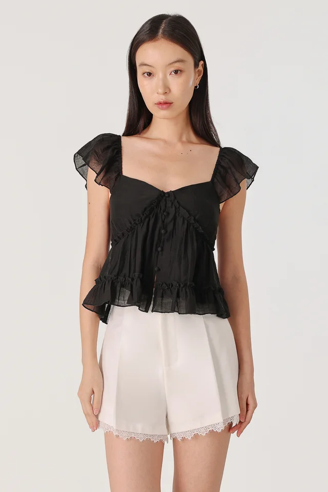 CANDACE PADDED FLUTTER SLEEVE RUFFLE BABYDOLL TOP (BLACK)
