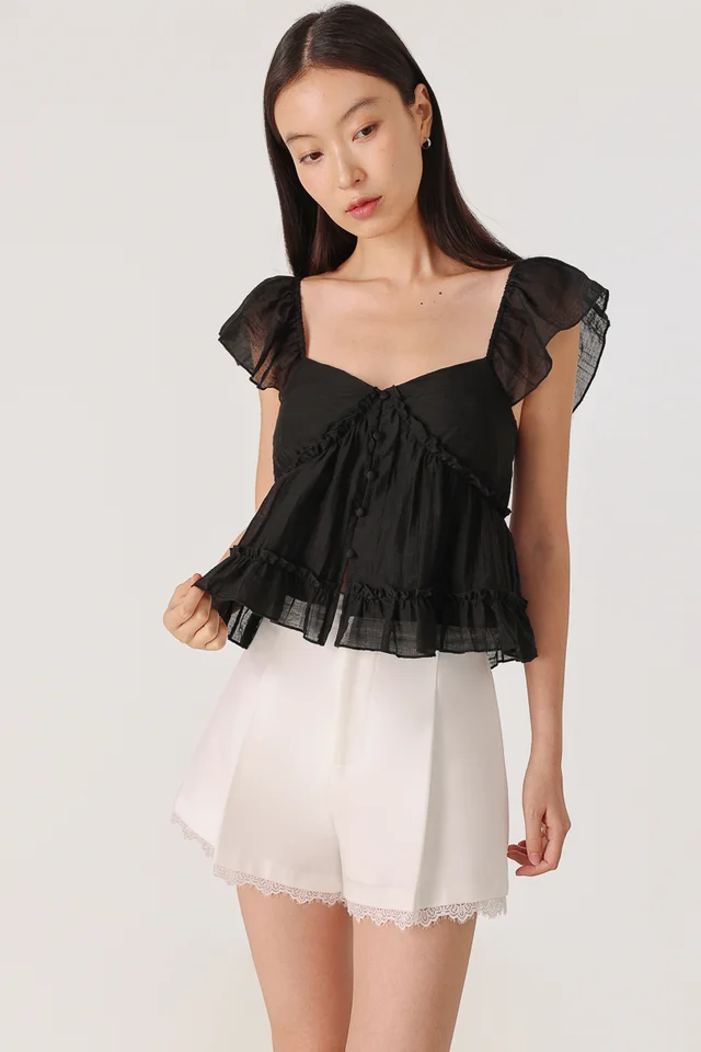 CANDACE PADDED FLUTTER SLEEVE RUFFLE BABYDOLL TOP (BLACK)