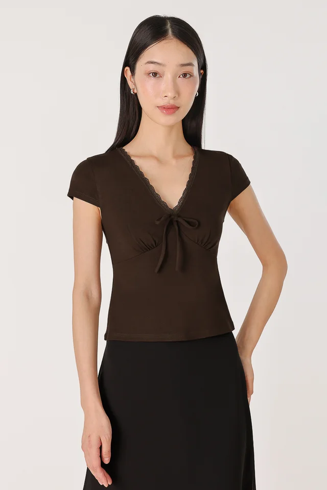 LUMI LACE TRIM CAP SLEEVE RIBBON TOP (ESPRESSO)