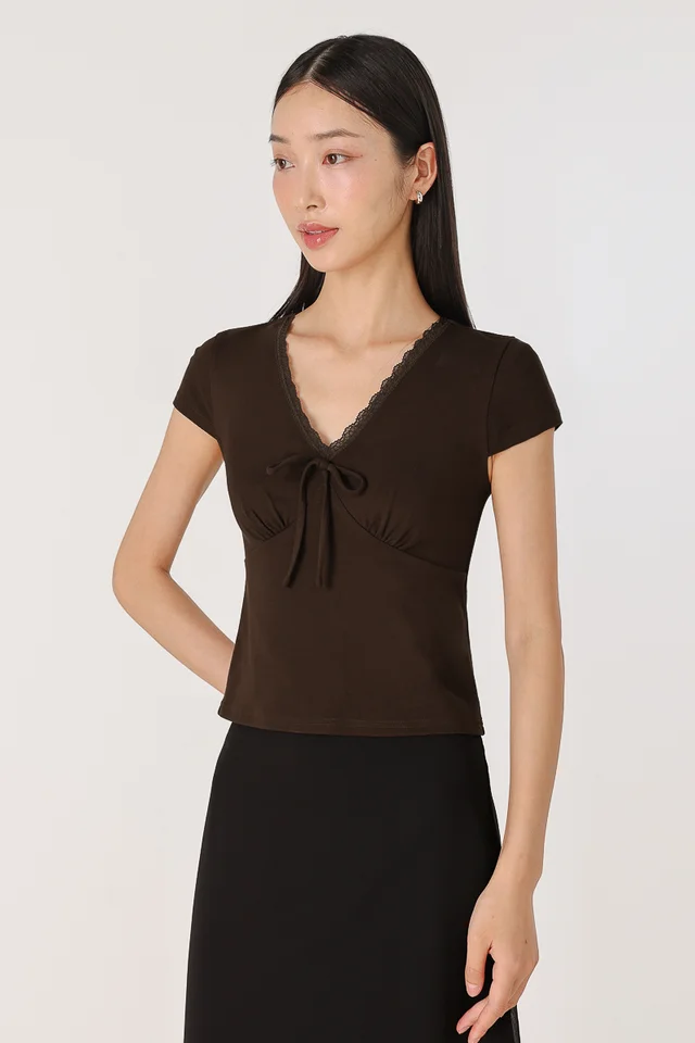 LUMI LACE TRIM CAP SLEEVE RIBBON TOP (ESPRESSO)