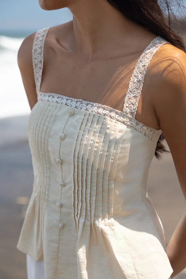 ZORINA PADDED LACE TRIM PINTUCK BUTTON TOP (BONE)