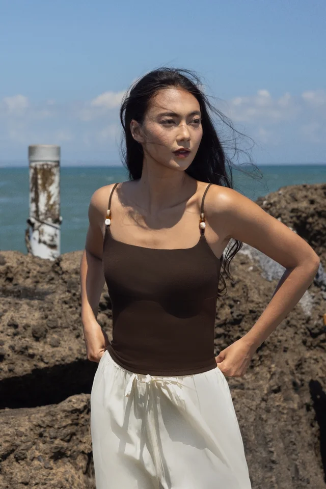 LUNARA PADDED BEADED STRAP CAMI TOP (ESPRESSO)