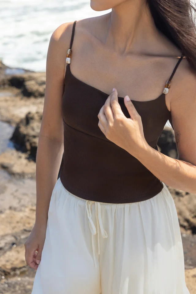 LUNARA PADDED BEADED STRAP CAMI TOP (ESPRESSO)