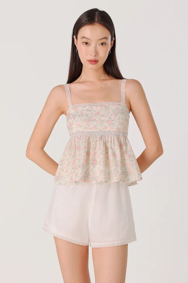 SOLENE PADDED FLORAL LACE TRIM BABYDOLL TOP