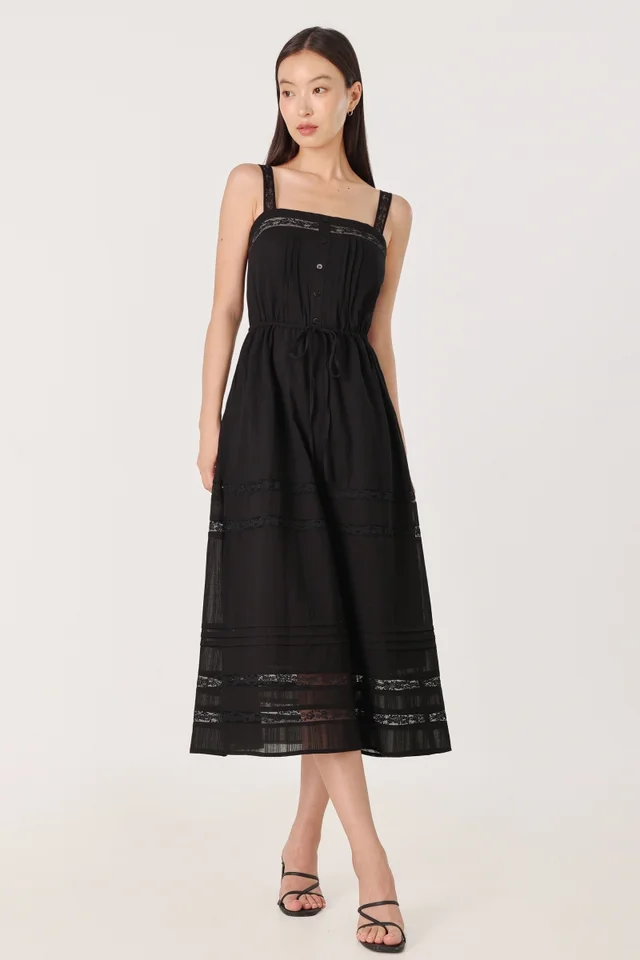 KIRA PADDED LACE INSERT PINTUCK BUTTON DRAWSTRING DRESS (BLACK)