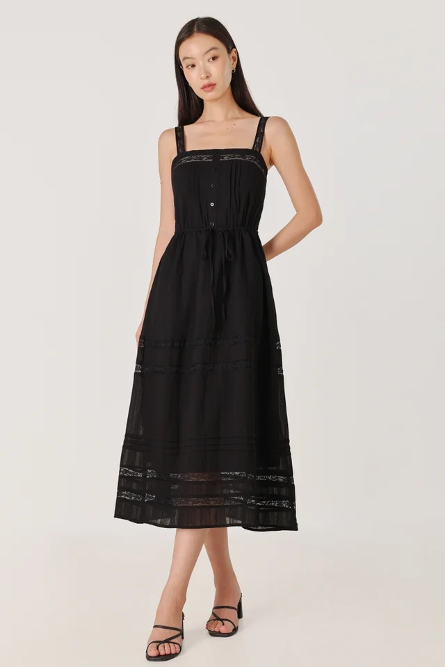 KIRA PADDED LACE INSERT PINTUCK BUTTON DRAWSTRING DRESS (BLACK)