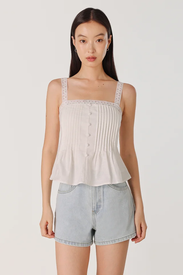 ZORINA PADDED LACE TRIM PINTUCK BUTTON TOP (WHITE)