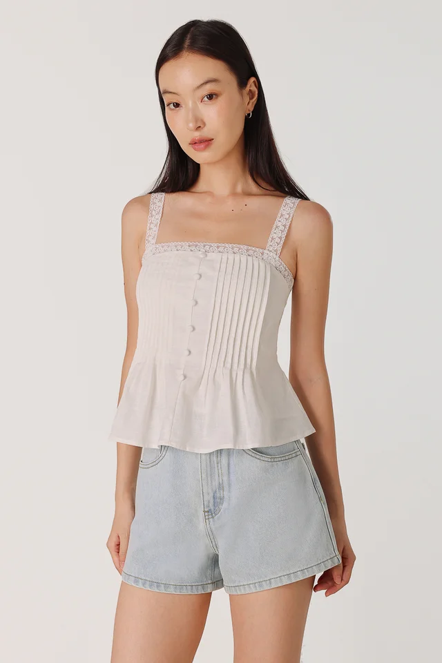 ZORINA PADDED LACE TRIM PINTUCK BUTTON TOP (WHITE)