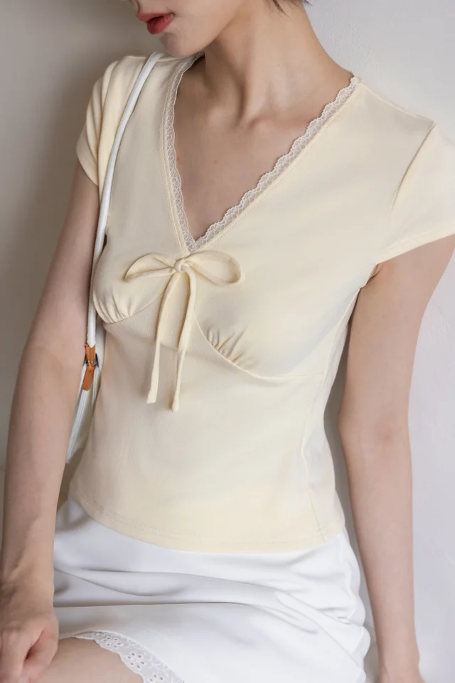 LUMI LACE TRIM CAP SLEEVE RIBBON TOP (YELLOW)