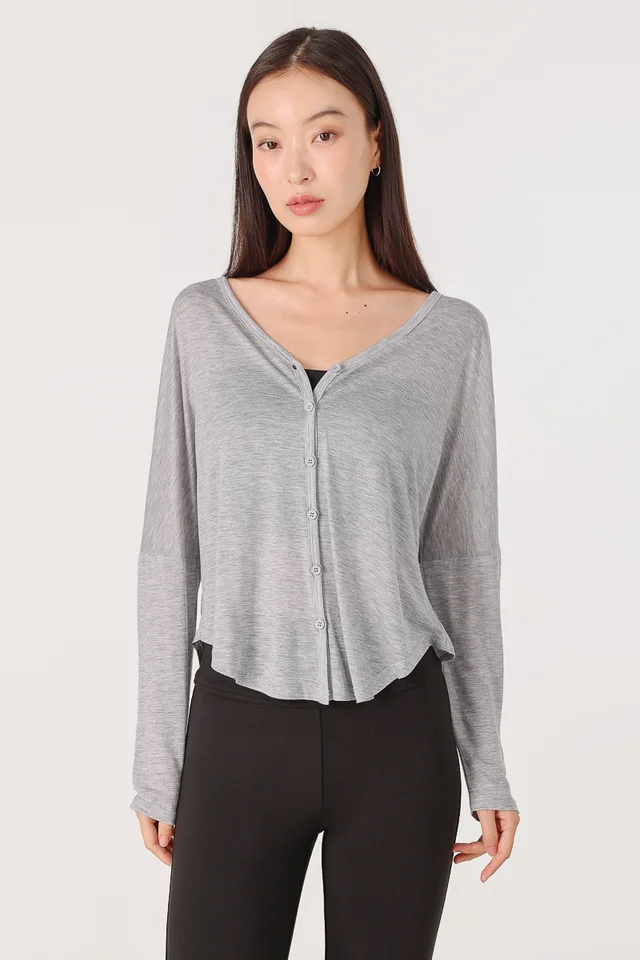 ZAFINA SHEER BUTTON LOOSE PULLOVER CARDIGAN (HEATHER GREY)
