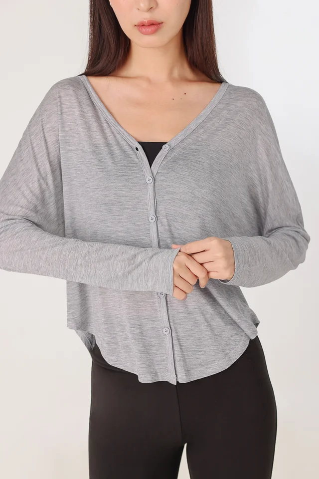 ZAFINA SHEER BUTTON LOOSE PULLOVER CARDIGAN (HEATHER GREY)