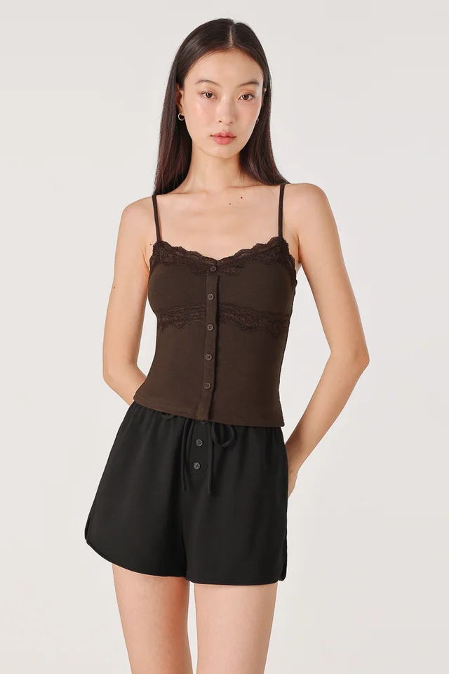 LOUISE PADDED LACE TRIM BUTTON RIBBED CAMI TOP (BROWN)