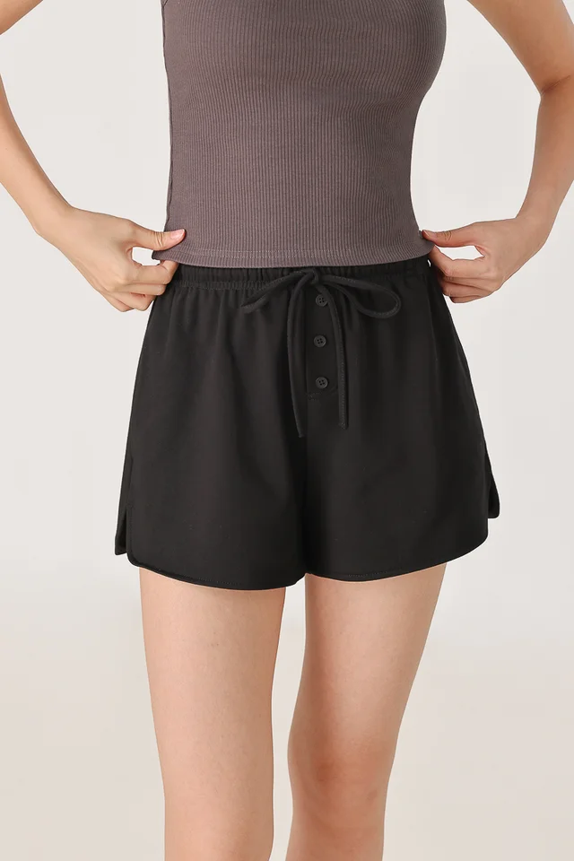 AVEN DRAWSTRING BUTTON LOUNGE SHORTS (BLACK)