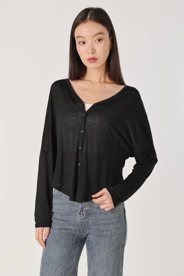 ZAFINA SHEER BUTTON LOOSE PULLOVER CARDIGAN (BLACK)