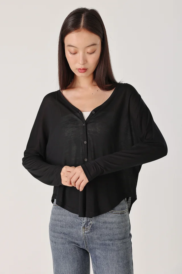 ZAFINA SHEER BUTTON LOOSE PULLOVER CARDIGAN (BLACK)